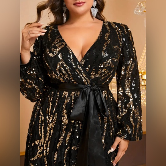 Plus Size Black & Sequins Belted Slit Dress - Picture 4 of 7